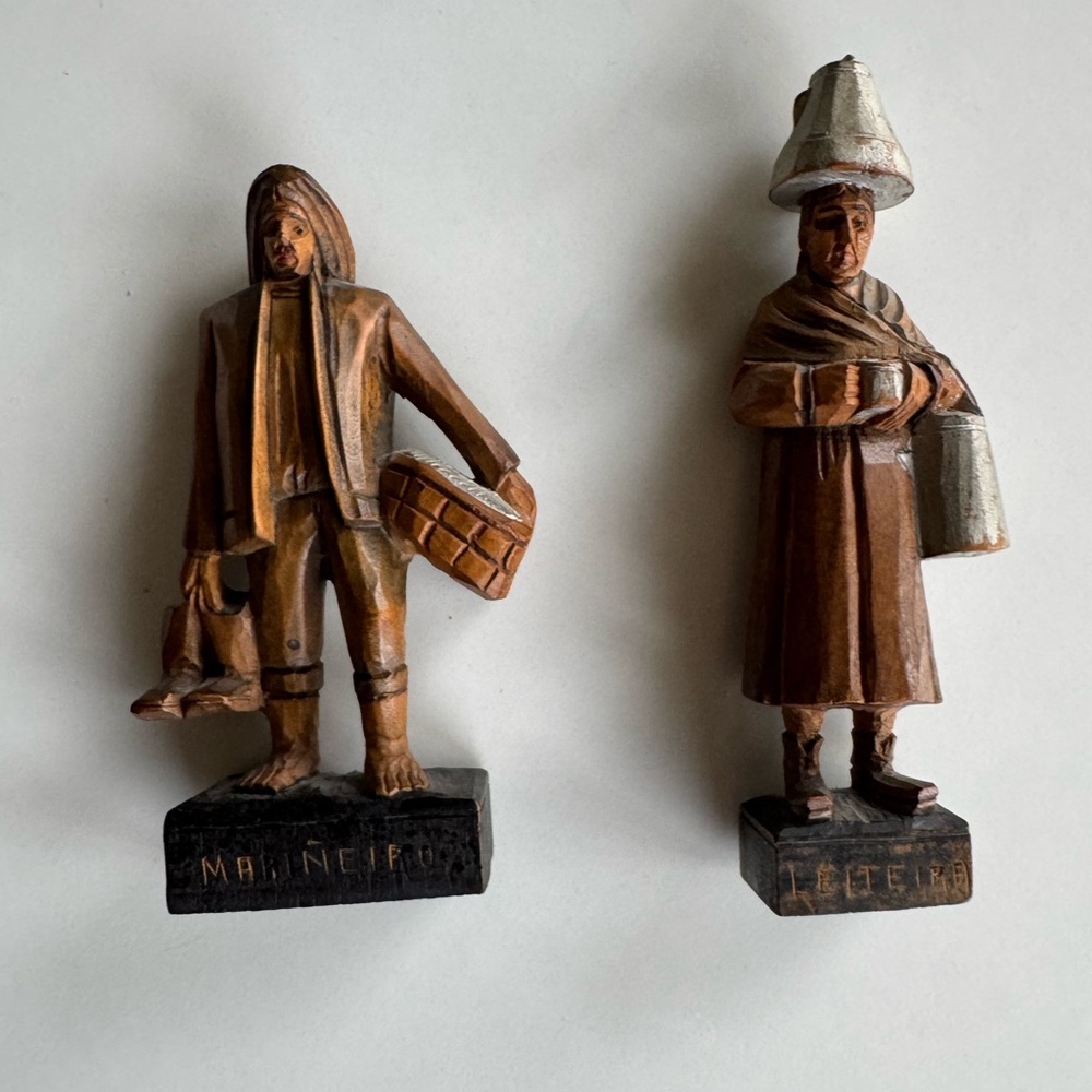 Vintage Hand-Carved Wooden Folk Figures Pair in Brown and Black